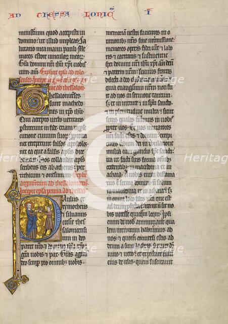 Initial P: Saint Paul Giving a Book to a Messenger; Concluding Volume of a Bible, about 1260-1270. Creator: Unknown.