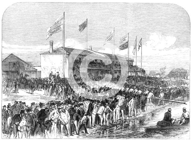 Boathouse at Putney: the Cambridge crew going out for practice, 1868. Creator: C. R..