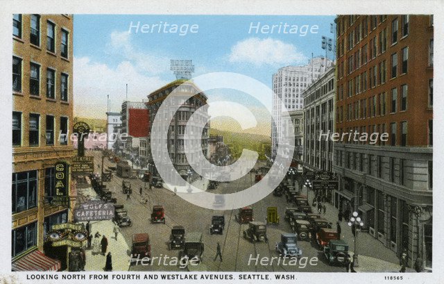 Looking north from Fourth and Westlake Avenues, Seattle, Washington, USA, 1928. Artist: Unknown