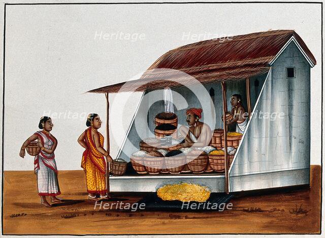 Two women at a shop selling grains and pulses, (between 1800 and 1899?). Creator: Unknown.