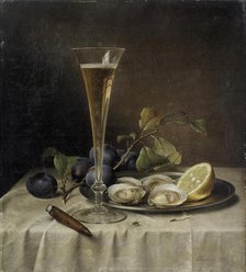 Still life with champagne and oysters , 1857. Creator: Preyer, Johann Wilhelm (1803-1889).