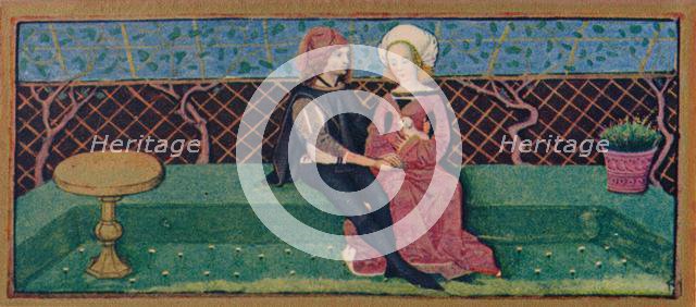 April - lovers in a garden, 15th century, (1939). Creator: Robinet Testard.