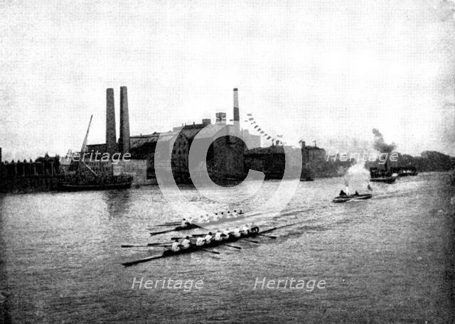 The Universities' Boat-Race: from Hammersmith Bridge, 1895. Creator: Stearn.