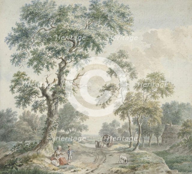 Woods with figures by a road, covered wagon approaching, 1779. Creator: Gerardus Wieringa.