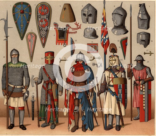 Shields, helmets, coats and armors from French knights.