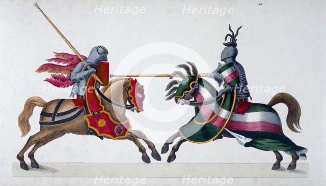 Two knights jousting at a tournament, 1842. Artist: Friedrich Martin von Reibisch