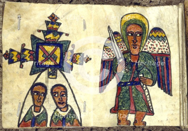 Ethopian prayer book showing an angel with a sword and two men, possibly priests, 19th century. Artist: Anon