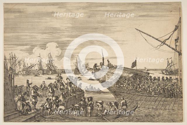 Departure of a galley at the Port of Livorno, from from 'Views of the port of Livorno' ..., 1654-55. Creator: Stefano della Bella.
