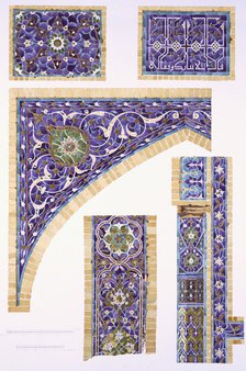 Decorative tilework in blue, green and cream with gold outlines, pub. 1905. Creator: Russian School (20th Century).