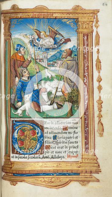 Printed Book of Hours (Use of Rome): fol. 36r, Annunciation to the Shepherds, 1510. Creator: Guillaume Le Rouge (French, Paris, active 1493-1517).