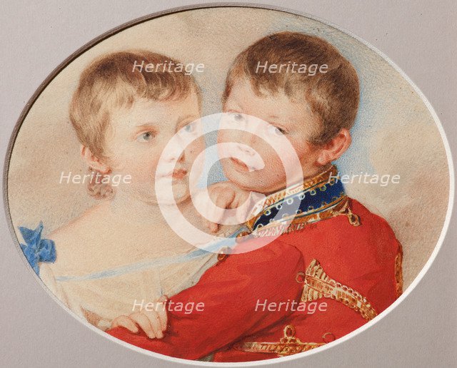 Portrait of Crown prince Alexander Nikolayevich and Grand Duchess Maria Nikolaevna as Children, 1825 Artist: Sokolov, Pyotr Fyodorovich (1791-1848)