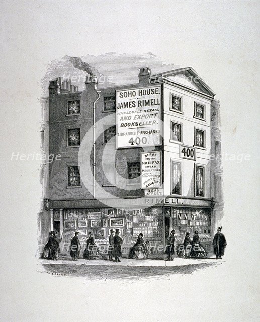 James Rimell's bookshop, Soho House, corner of Dean Street and Oxford Street, London, c1860. Artist: Anon