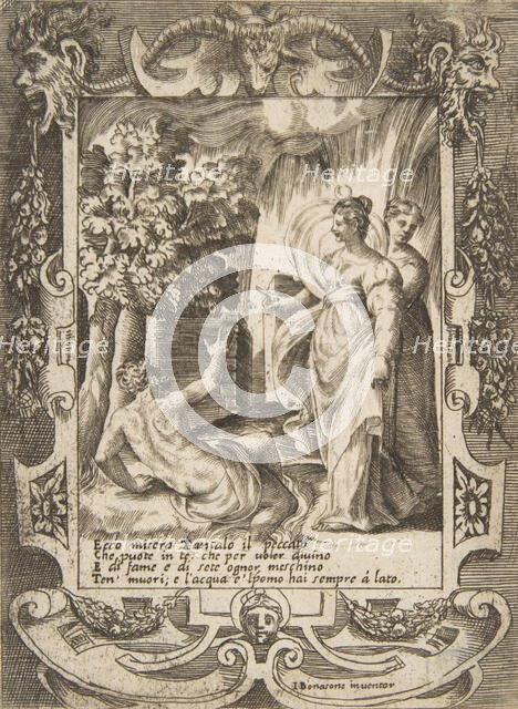 Tantalus at left speaking to Diana at right, set within an elaborate frame, from the 'L..., 1531-76. Creator: Giulio Bonasone.