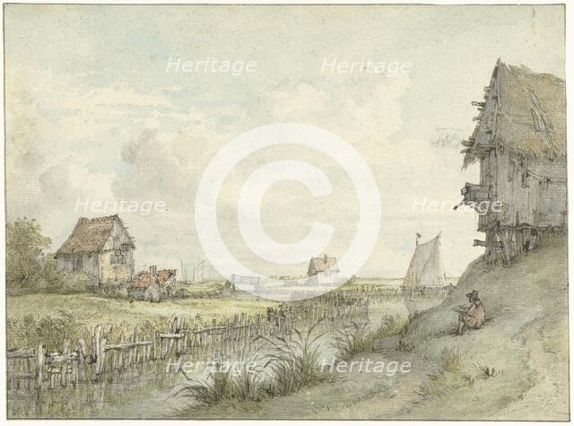 River landscape with draftsman sketching between huts, 1776-1822. Creator: Jan Hulswit.