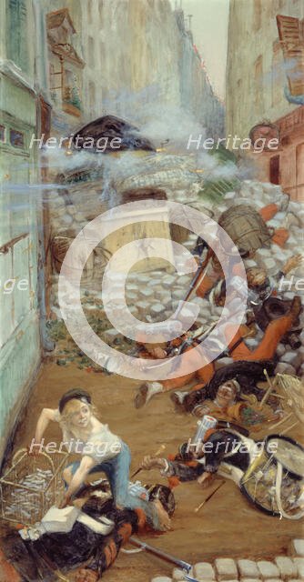 Newsboy picking up bullets for the barricade, between 1903 and 1905. Creator: Adolphe Willette.