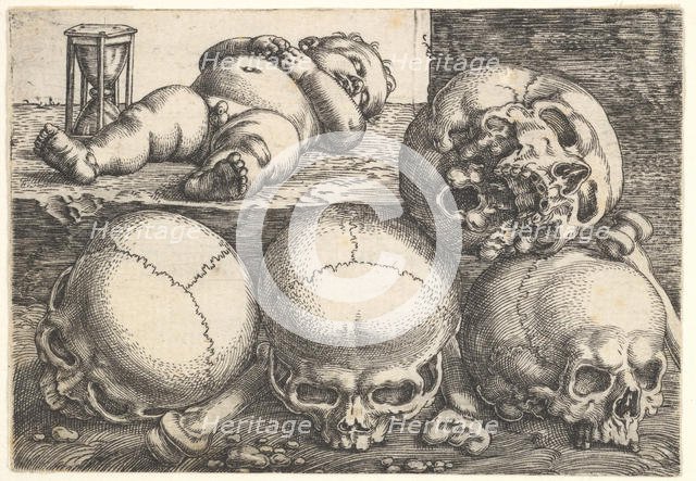 Dead Child with Four Skulls, mid-16th century. Creator: Barthel Beham.