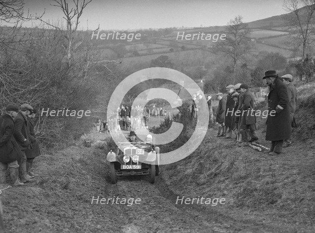 Austin 7 Grasshopper of Alf Langley competing at the MG Car Club Midland Centre Trial, 1938. Artist: Bill Brunell.