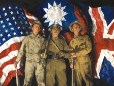 American, Chinese and British soldiers with flags of their countries, WWII poster, October 1943. Creator: Central Office of Information.