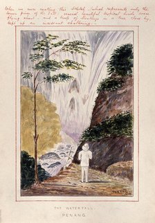 Malaya: a man at the foot of a huge waterfall on Penang Island, 1879. Creator: John Edmund Taylor.