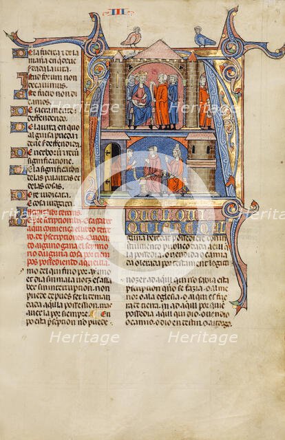 Initial A: Two Men before a King and A Man Speaking to a Family; Vidal Mayor, about 1290-1310. Creators: Unknown, Michael Lupi de Çandiu.