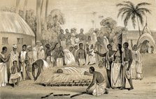 'Ceremony of burning a Hindu widow with the body of her late husband', 1847. Artist: Unknown
