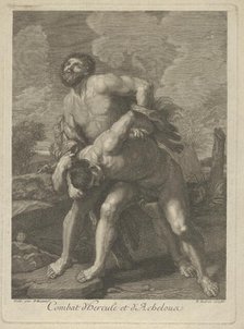 Hercules wearing a lion skin and fighting Achelous, a landscape in the background, ..., ca. 1713-72. Creator: Robert Hecquet.