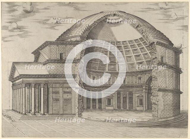 Reconstruction of the Pantheon in Rome, seen from the side, cut away to reveal the interior, 1553. Creator: Anon.