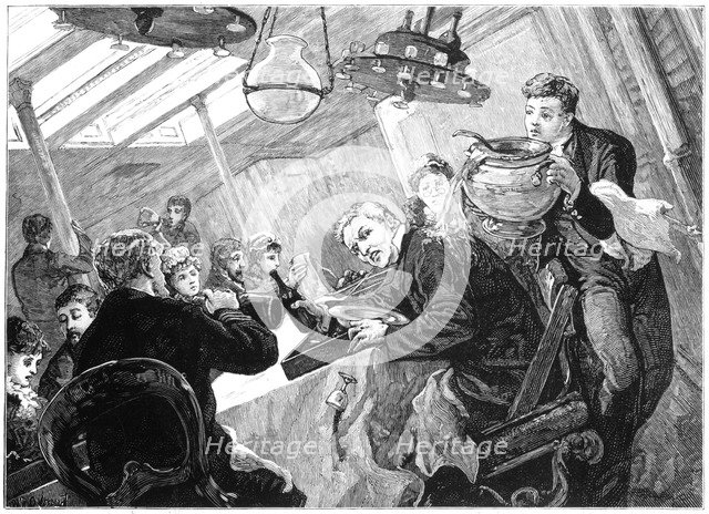 Dinner time in the first class dining saloon of an Atlantic steamer on a stormy day, c1890. Artist: Unknown