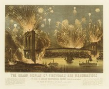 The Grand Display of Fireworks and Illuminations at the Opening of the Great Suspension Br..., 1883. Creators: Nathaniel Currier, James Merritt Ives, Currier and Ives.
