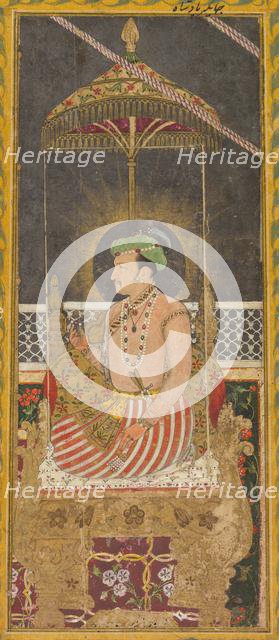 Posthumous portrait of Emperor Jahangir under a canopy (recto); Calligraphy (verso), c. 1650. Creator: Unknown.