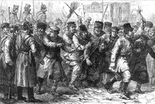 Ill-treatment of the Jews in Russia: assault on a Jew in the presence of the military at Kiev, 1881. Creator: Schombeer.