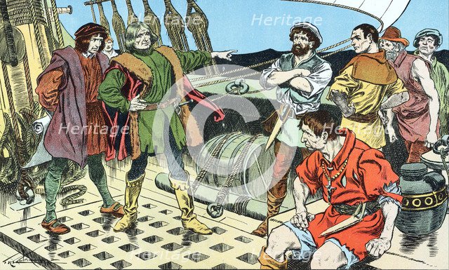 Christopher Columbus, faced with mutiny on his voyage to America, 1492 (early 20th century). Artist: Unknown