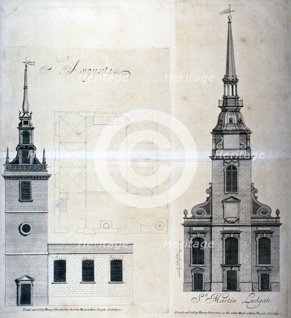 Elevation and plan of St Augustine, Watling Street, City of London, 1740.             Artist: Anon