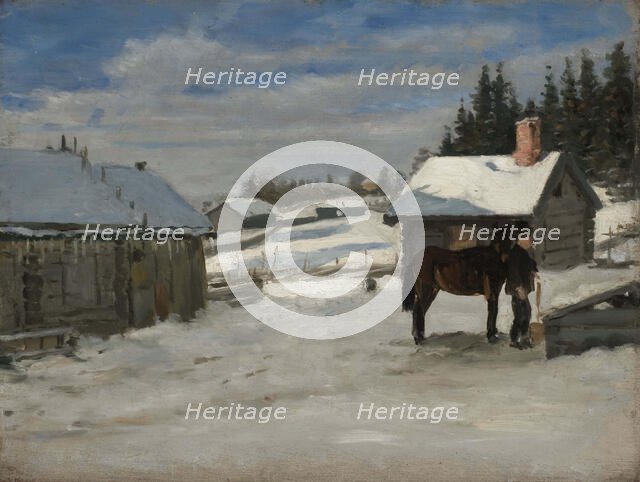 Watering a horse, winter picture, 1879. Creator: Adolf von Becker.