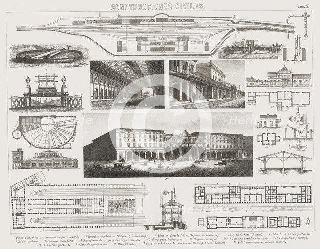 Several engravings of civil constructions for railway traffic, Madrid 1882.