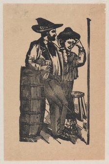 Two men leaning on a barrel and drinking, ca 1890-1910., ca 1890-1910. Creator: José Guadalupe Posada.