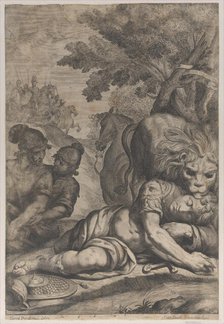 A lion atop a fallen horseman at right, with two other soldiers at left, 1640-70. Creator: Giovanni Battista Bonacina.