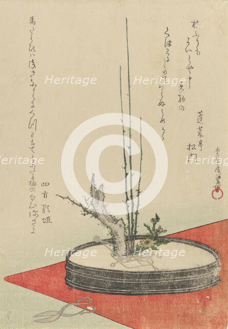 Arrangement of Plum, Fukujuso (Adonis Flower), and Scissors, 1798. Creator: Kubo Shunman.