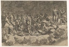 Assembly of the Gods after the ceiling composition in the Loggia di Psiche, Villa Farnesin..., 1527. Creator: Giovanni Jacopo Caraglio.