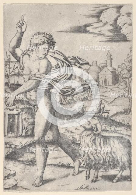 A naked young man walking left, carrying a lantern and looking backwards over his s..., ca. 1510-27. Creator: Marcantonio Raimondi.