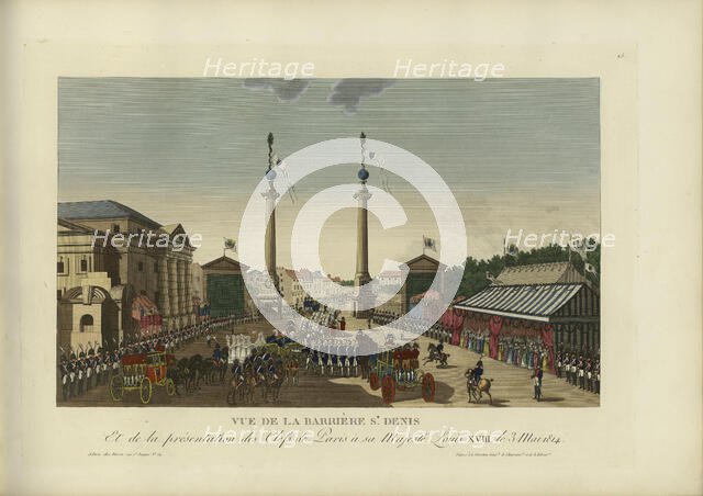 Vue de la barrière Saint-Denis, et de la présentation des clefs à Sa Majesté Louis XVIII le 3 mai... Creator: Courvoisier-Voisin, Henri (1757-1830).