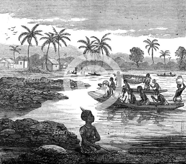 The Ashantee War: our artist crossing the Sweet River, near Elmina, 1874. Creators: Unknown, Melton Prior.