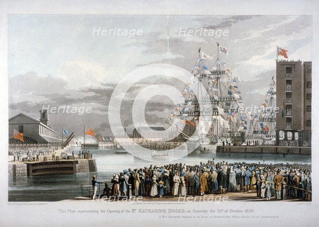 The opening of St Katharine's Dock, London, 1828. Artist: E Duncan
