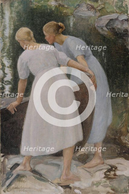 Girls Pushing a Boat, 1925. Creator: Halonen, Pekka (1865-1933).