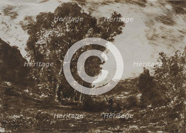 Two Boatmen in a Marsh near a Cluster of Trees, c. 1857. Creator: Henri-Joseph-Constant Dutilleux (French, 1807-1865).