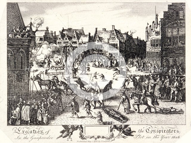 Execution of the conspirators in the Gunpowder Plot in Old Palace Yard, Westminster, 1606, (1795). Artist: R Romney