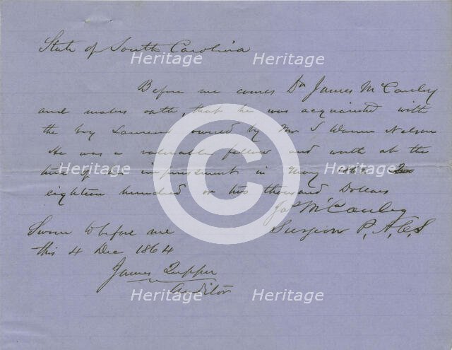 A valuation on Laurens, a slave, by a witness who knew him, 1864-12-04. Creator: Unknown.