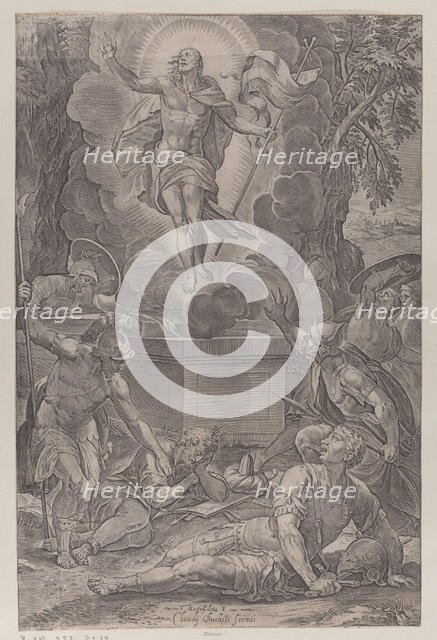 The Ressurection, with soldiers in various stages of wakefulness in front of the tomb, ..., 1565-83. Creator: Martino Rota.