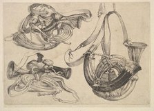 Seven hunting horns in three groupings, 1625-77. Creator: Wenceslaus Hollar.