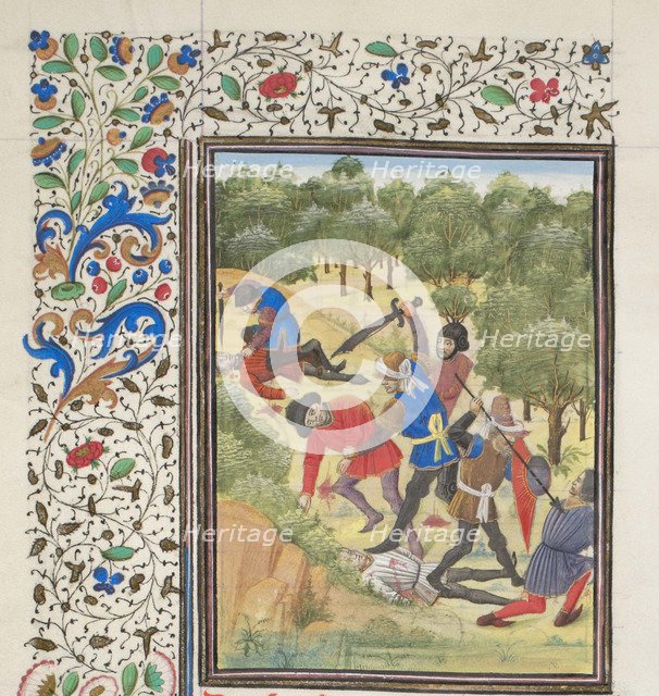 Fight in a wood between Christians and Saracens. Miniature from the Historia by William of Tyre, 1460s. Artist: Anonymous  